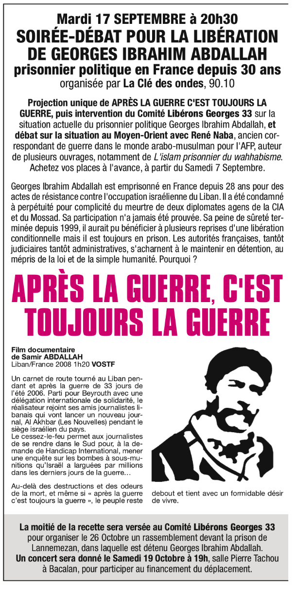 GIA utopia A Bordeaux, Liberté pour Georges Abdallah: projection, concert, manifestation